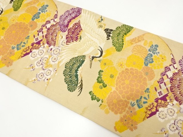 JAPANESE KIMONO / ANTIQUE MARU OBI / WOVEN MT. FUJI WITH CRANE & HAWK